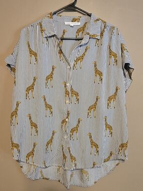 Jane and Delancey Black-and-White Striped Button-Down with Yellow Giraffe Print